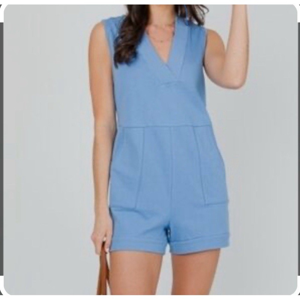 Ces Femme Comfort Zone Sleeveless V-neck French Terry Romper Size L Blue